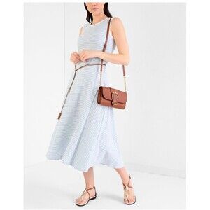 RALPH LAUREN Blue White Striped Midi Flare Sleeveless Nautical Core Dress SZ L